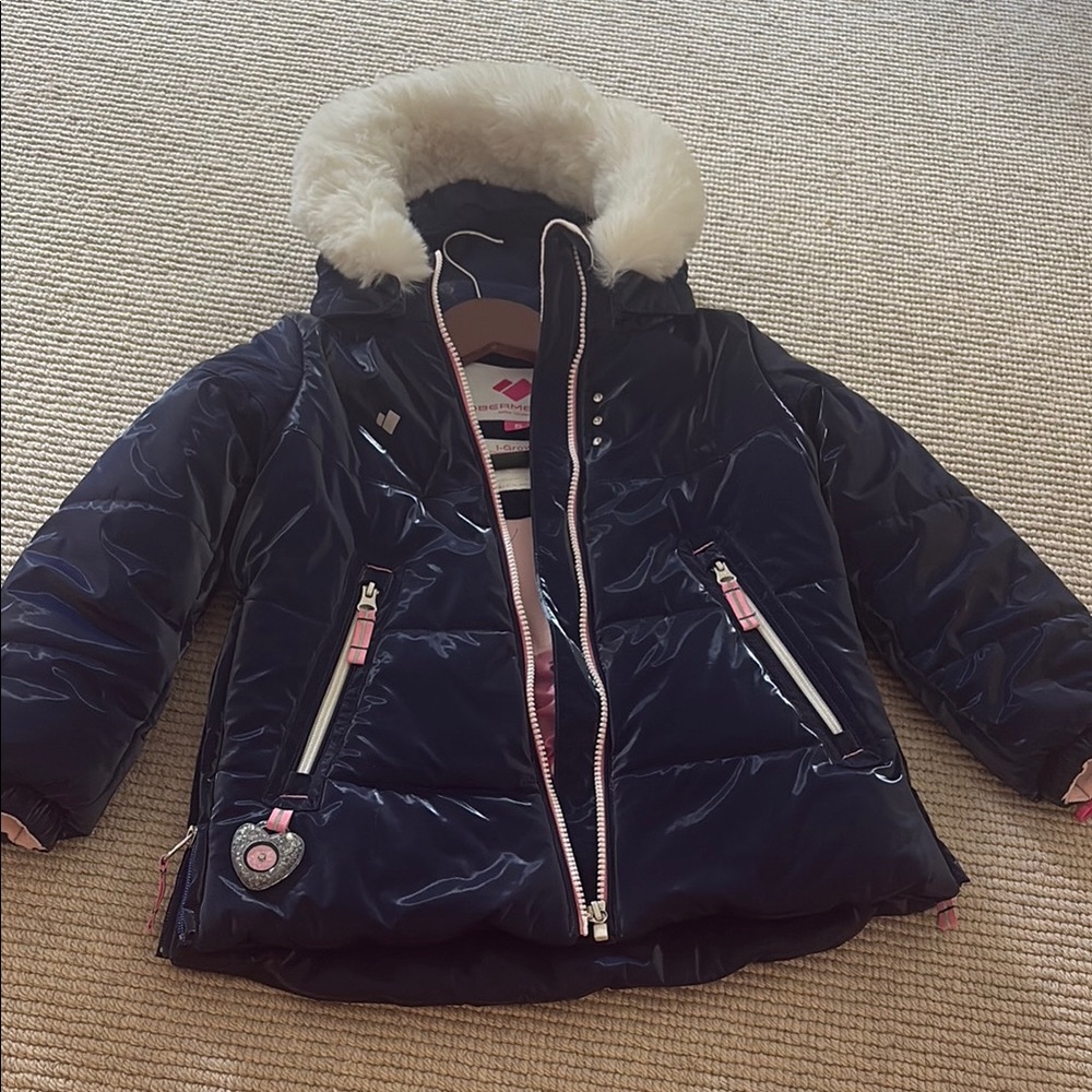 Obermeyer Girls Ski Jacket. Navy Puffer Jacket with Faux Fur Hood, Size 5